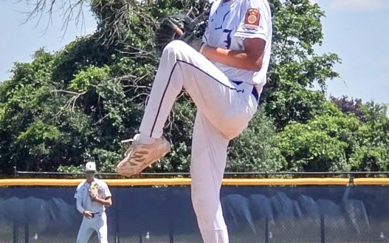 Robby Mularz delivers a pitch for the Post 239 American Legion baseball team in the championship game of the SVSU Classic Sunday.