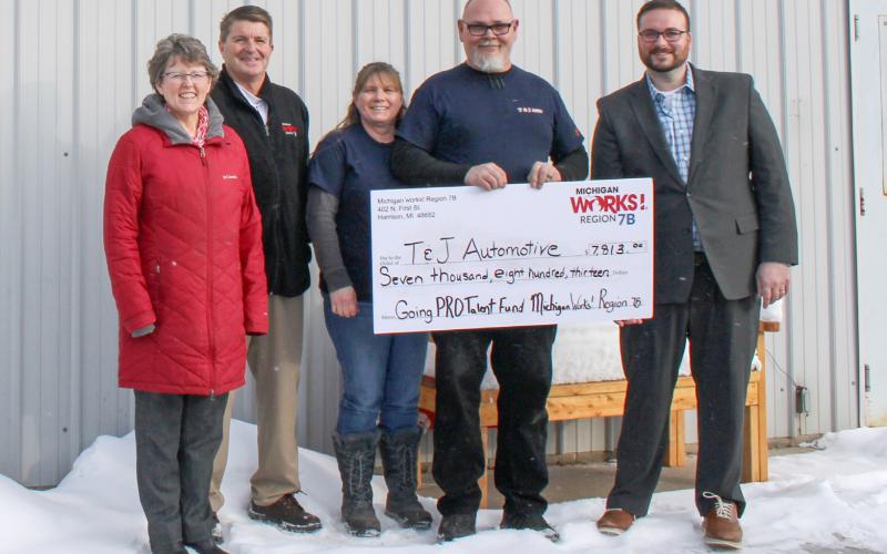 Pictured left to right are Michigan Works! Region 7B Chief Operating Officer Pam O’Laughlin, Michigan Works! Region 7B Executive Director Mark L. Berdan; Tina and Lou Stornello, T&amp;amp;J Automotive; and Michigan Works! Region 7B Gladwin County Director of Business Services and Economic Development Matt Lang.