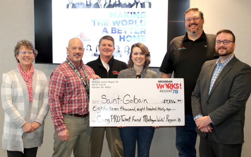 Pictured left to right are Michigan Works! Region 7B Chief Operating Officer Pam O’Laughlin, Jon-Paul Jones, Saint-Gobain; Michigan Works! Region 7B Executive Director Mark L. Berdan; Amanda Bootz, Saint-Gobain; Ryan Roberts, Saint-Gobain; and Michigan Works! Region 7B Gladwin County Director of Business Services and Economic Development Matt Lang.