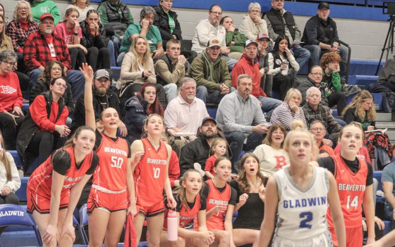 The Beaverton bench gets ready to celebrate with a 3-pointer in the air on the way to the basket last Wednesday night at Gladwin.