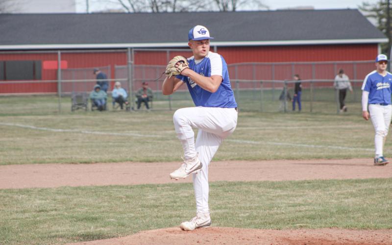 Gladwin pitcher Mason Meier goes into his delivery on the way to getting the win in Game 1 of a doubleheader at Beaverton last Tuesday.