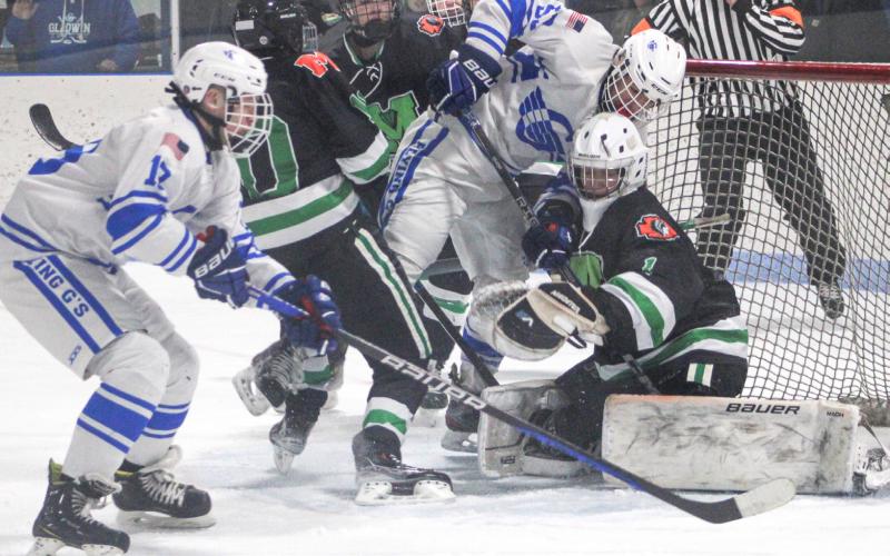 Hunter Simpson provided some heavy traffic in the Manistique goal mouth to create this scoring chance for Braeden Guzman, but the goalie made the stop Friday night.