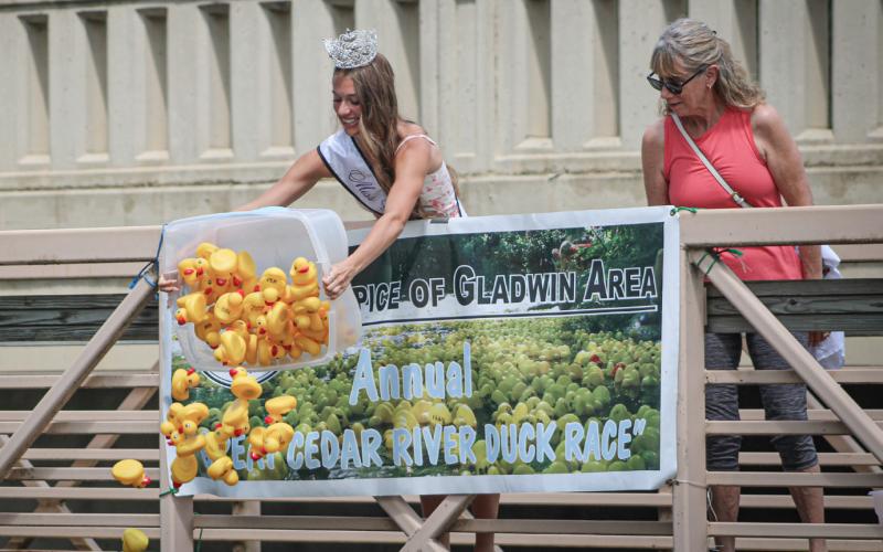 Miss Gladwin County Bree Visser dumps a tub of rubber ducks to start the first heat of the Great Cedar River Duck Race Saturday.