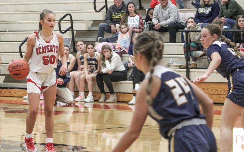 Beaverton’s Myah Hubble checks out the defense before making her move during the Beavers loss to visiting Standish Wednesday night.
