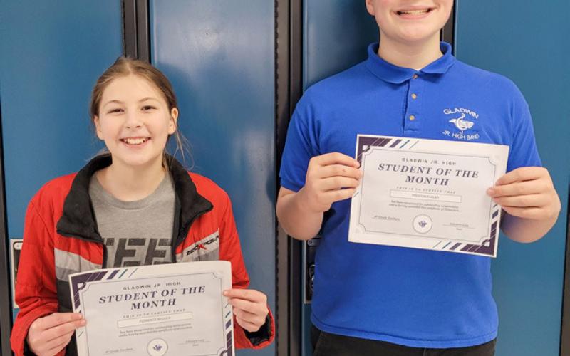 Gladwin Junior High School Students of the Month for February. Pictured above left is, Dallas Marchak and Myla Connelly; above center, Alexis Farrow and Nate Townsend; above right, Florence Becker and Preston Farley.