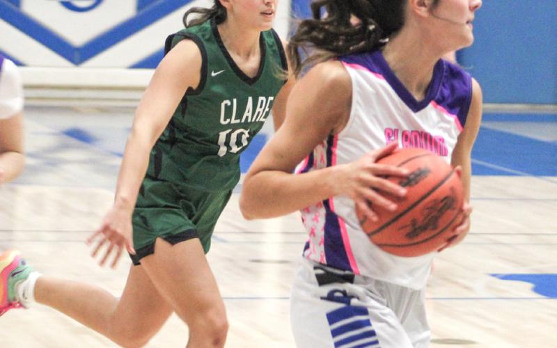 Gladwin’s Ava Gary hits the brakes and looks for an open teammate during Thursday’s loss to Clare.
