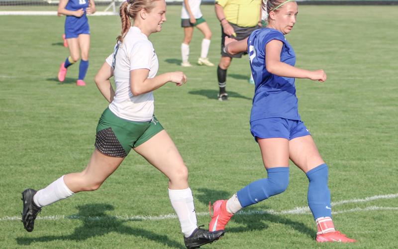 Gladwin’s Madisyn Lockwood scored both goals last Tuesday in a 2-1 victory over Ogemaw Heights that lifted the Flying G’s into the semifinals of the Division 2 District Tournament.