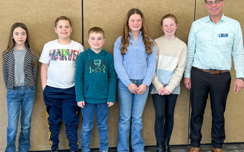 Pictured from left to right: Marnie Stearns, Malachi Priest, Evan Lawrence Crowley, Juliana Ritchie, Suthern Reed, and Rotary President Chris Shannon.