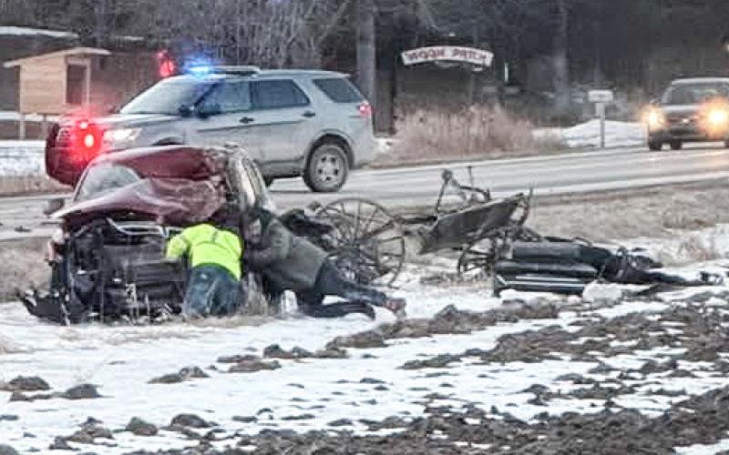 First responders are on the scene of a car-Amish buggy accident that occurred Monday morning on Bard Road in Sage Township.