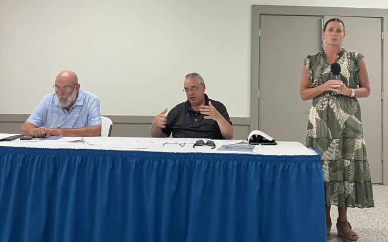 Attorney Stacy Hissong discusses levels of lakes and special assessments at an eventful Public Hearing held by the Sugar Springs Lake Authority Thursday at Butman Township Hall.