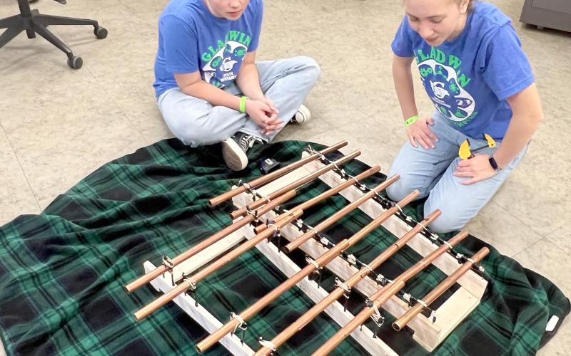 Olivia Sapienza and Graydon Hotham with the instrument they made for Sounds of music. They had to make an instrument and take a test on sound and music theory.