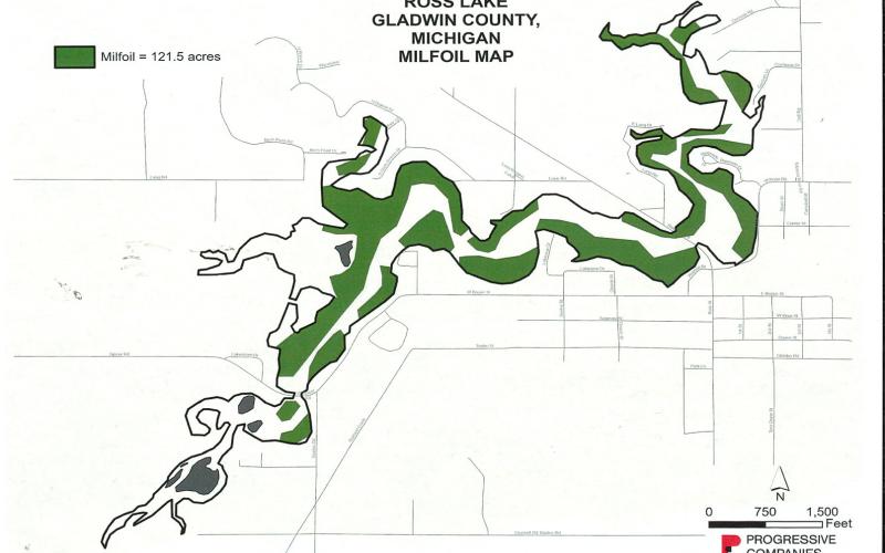 This map of Ross Lake indicates that Eurasian watermilfoil has overgrown 121.5 of the 294-acre lake.