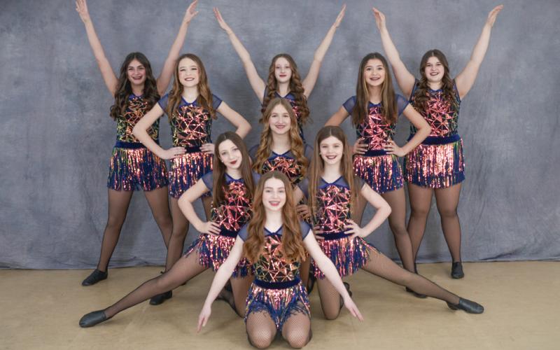 Intermediate jazz team received a diamond and first overall in their age group. Dancers pictured left to right: Karah Dee, Lily Hillier, Bella Hand, Ayla Donahue, Molly Lathrop, Rina Graveline, Brynley Brubaker, Ellie Celestino, and Samantha Edick.