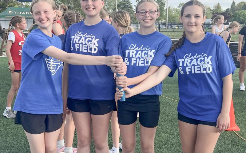 Gladwin Junior High’s Aria Rule, Jaidyn Quick, Lily Leinenger and Breanna Aalderink teamed up to run fourth in the 1600 relay at the regional.