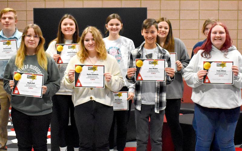 BJSHS Students of the Month for March are, pictured left to right: Macie Minaudo, Ian Krezenski, Kaylin Noll, Isabelle Dodman, Kaylee Schwerin, Alivia Harrell, Jace Mishler, Kayla Newman, Lillyan Herren-Howard, Trudy Alllison and Cameron Drawe. Not pictured are Odin Zadonia and Libby McKimmy.