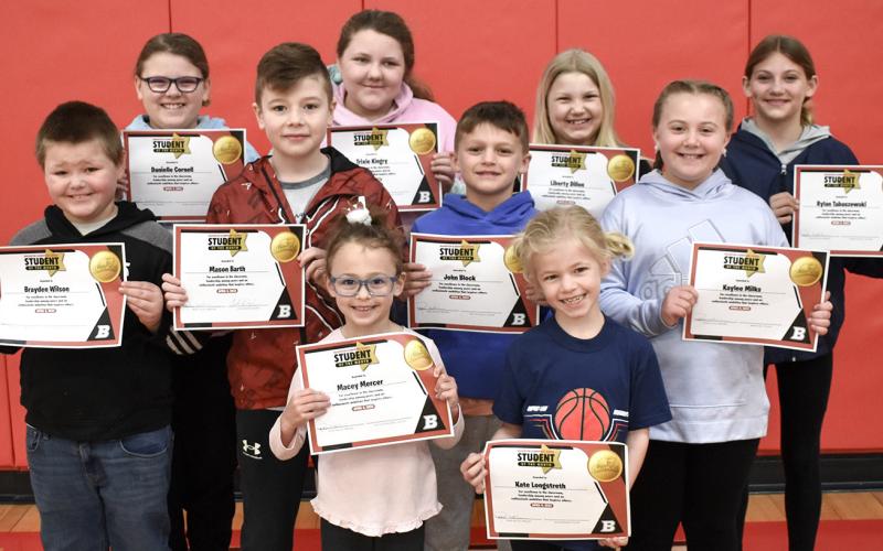 BES Students of the Month for February are front row, pictured left to right: Macey Mercer and Kate Longstreth. Middle row: Brayden Wilson, Mason Barth, John Block and Kaylee Milks. Back row: Danielle Cornell, Trixie Kingry, Liberty Dillon and Rylan Tabaszewski.