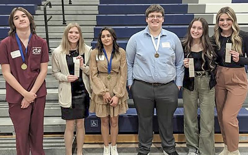 Six Clare-Gladwin CTE Health Occupations students earned top honors at the regional HOSA competition and will advance to the state-level event this spring. Pictured left to right: Nolan Underhill, Cassidy Steinert, Raegan McCartney, Calvin Scoby, Tamara Bennett, Braelynn DeLisle.