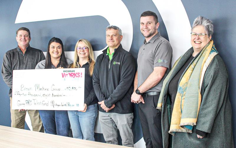 Pictured left to right are Michigan Works! Region 7B Executive Director Mark L. Berdan, Lisa Swinson, Amy Widdis, Brian Keeley, Cody Bartlett, and Michigan Works! Region 7B Clare County Director of Business Services LeeAnne Comer.