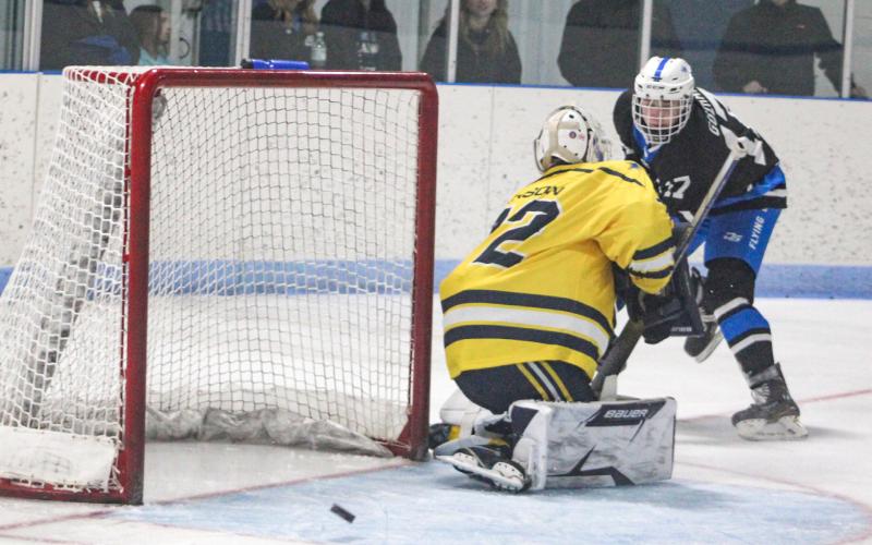 Braeden Guzman had a hat trick in Gladwin’s win over the Mid-Michigan Raptors Saturday, even though this shot from the doorstep didn’t make it into the net.