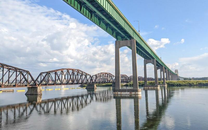 The International Bridge connects Sault Ste. Marie, Ontario and Sault Ste. Marie, Michigan. SAULT STE. MARIE INTERNATIONAL BRIDGE