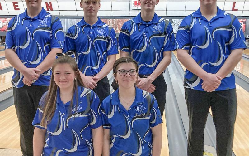 Gladwin’s top scorers at Saturday’s Jack Pine Conference mid-winter singles tournament get together for a photo at Northern Lanes in Sanford. In the back row are John Corlew, Harvey Zelt, Brady Weston and Hunter McDowell. In front are Abbigayle West and Juliona Corlew.
