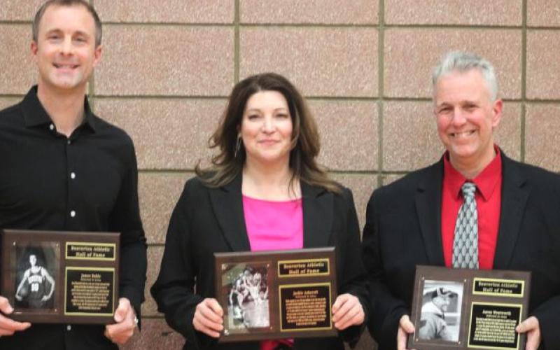 Pictured are the 2024 inductees into the Beaverton Hall of Fame (left to right) James Ruhle, Jackie Wheeler and Aaron Wentworth posed with their plaques on Hall of Fame Night at the school’s gym.