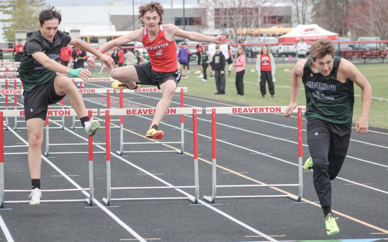 Beaverton’s Riley Sprague competes in the 110 hurdles at last week’s Jack Pine Conference track meet.