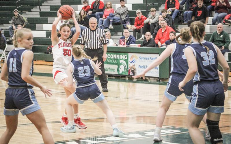 Beaverton’s Myah Hubble looks for an open teammate in the face of Meridian’s pressure defense during last Wednesday night’s Division 3 district semifinal at Pinconning.