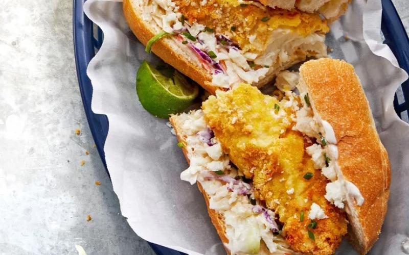 Air-Fried Crispy Fish Po’ Boys with Chipotle Slaw