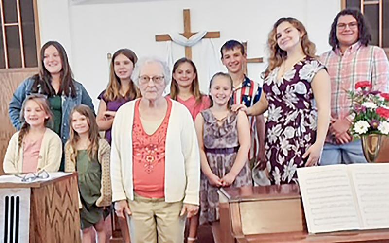 Pictured left to right: Katherine Carman, Anecia Klein, Hannah Raymond, Alena Sivik, teacher Sharon Hobin, Eden Batterbee, ShayLynn Larsen, Beau Batterbee, Kynlee Carr, and Cavan Kirkpatrick.