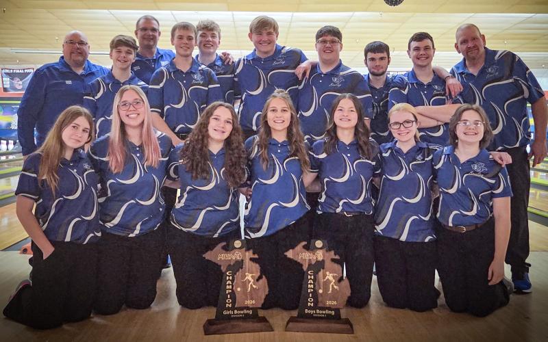 Pictured is the Gladwin High School Bowling Team, front row: Payton Sanders, Josie Pollock, Brittany Crawford, Alexis Farrow, Angelica Corlew, Ryleigh Sanders, and Madeline Crawford; back row: Coach Crawford, Noah Raymond, Coach Vantiem, Hunter Davy, Carson Hindman, Jaden Willis, Riley Banfield, Dylan Moore, Wade Roehrs, and Coach Hager.