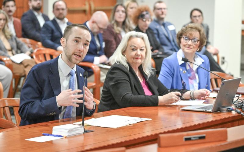 Pictured from left to right: State Reps. Bill G. Schuette, Kathy Schmaltz and Nancy DeBoer offer testimony on their plans to provide relief for Michigan families before the House Economic Competitiveness Committee on Thursday, March 20.