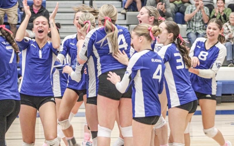 The celebration is on after the Gladwin volleyball team beat Beaverton in five sets last Wednesday.