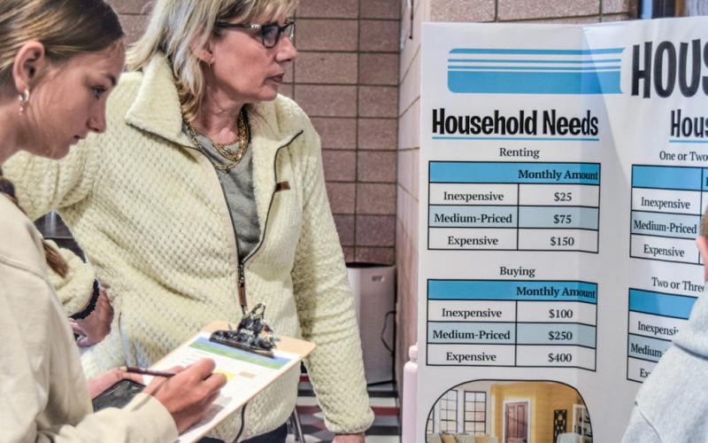 Retired teacher Laurie Aleck assists Beaverton students in determining housing needs for their monthly budget.