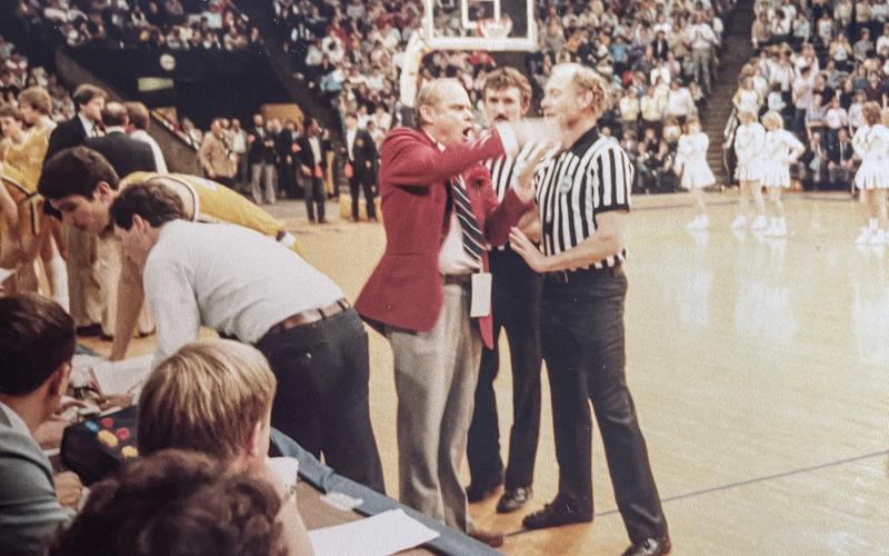 Ann Arbor’s Crisler Arena hosted the Final Four in 1984, along with this debate between Beaverton coach Roy Johnston and the officials during the semifinals.