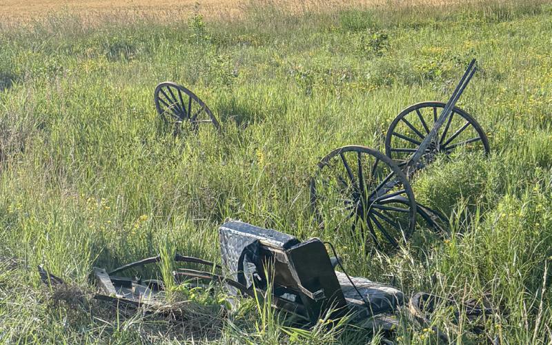 The broken remains of an Amish buggy are strewn on the side of a road after a crash with a vehicle on Wirtz Road on Friday.