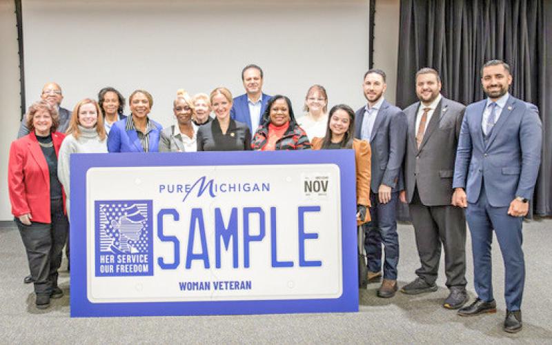 Secretary Benson joined leaders and lawmakers, including Senator Sylvia Santana (D-Detroit), Lolita Tucker, Michigan’s Disabled American Veterans state commander, and Dearborn Mayor Abdullah Hammoud, for the unveiling of the Michigan woman veteran license plate.