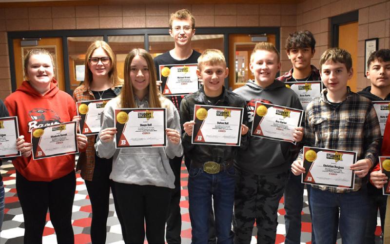 BJSHS Students of the Month include, pictured left to right, Akiera Corrigan, Elizebeth Harrell, Jaley Stoike, Shaye Dull, Michael Drawe, Dalton Dull, Ace Carter, Sean Barta, Christian Burgess, Nate Diamond and Ashton Proffitt. Not pictured are Braeden Hargrove, Austin Eastman and Micheal Maloney.