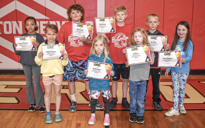 BES Students of the Month for April are: Vanessa Komlassan, McKinley McCann, Weston Eagon, Charlie Shears, Mason Krahner, RJ Garvie, Ken Becker and Aralynn Daugherty. Missing from the photo is Cordell Shears.