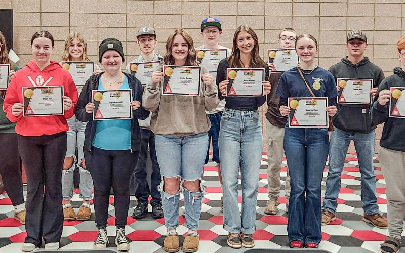 April’s BJSHS Students of the Month include: Lillian Griswold, Shaye Dull, Jo Corlew, Alyra Krezenski, Logan Corrigan, Brooke Corlew, Cameron Greer, Reese Mishler, Evan Elliot, Hope VanTiem, Easton Hess and Mason Wentz. Not pictured: Hali Rider, Hailie Maka, Zoey Brown and Callen Martin.