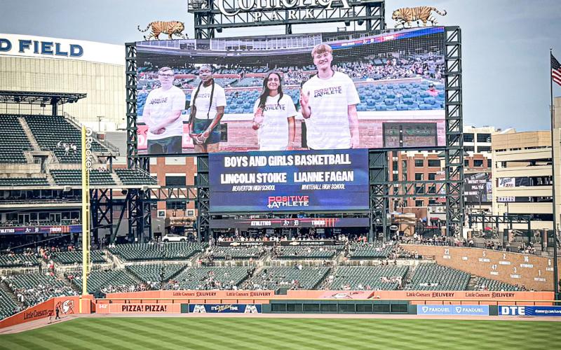 Lincoln Stoike’s photo appears on the big scoreboard in left field at Comerica Park prior to the Tigers June 24 game against the A’s.