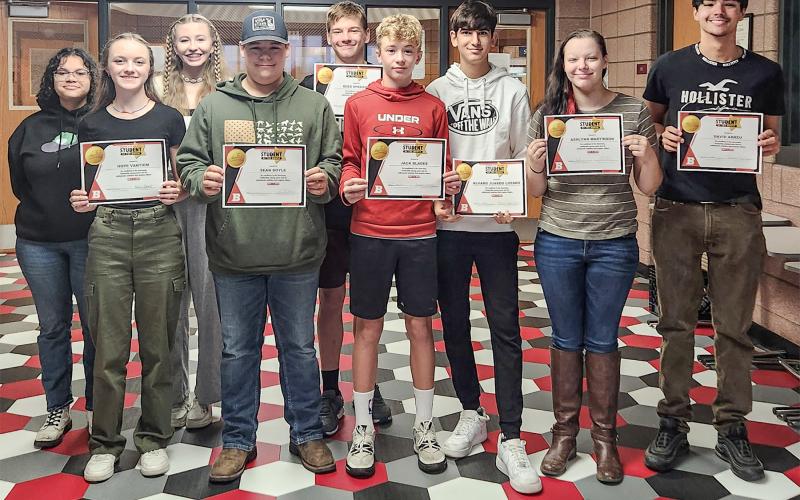 BJSHS Students of the Month for September are, left to right: Sophia Moore, Hope Vantiem, Tommie Murrell, Sean Doyle, Reed Sprague, Jack Blades, Alvaro Juarado, Ashlynn Martinson and David Abreu. Not pictured: Shelby Samuels, Abby Northrup and Sayde Woodruff.