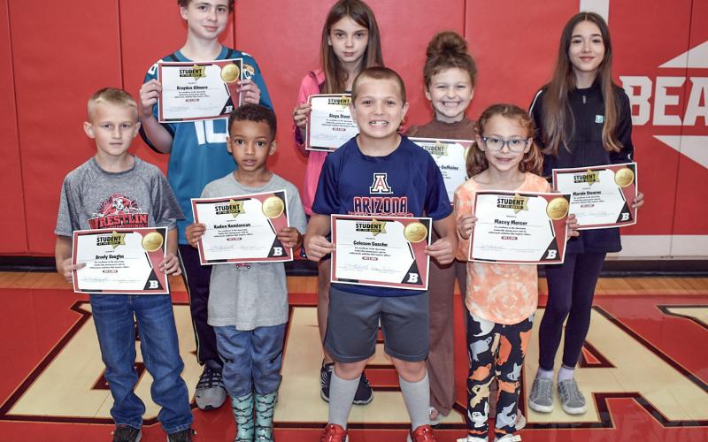 BES Students of the Month for September are, left to right: Brody Vaughn, Brayden Gilmore, Kaden Komlassan, Alaya Stout, Coleson Gasche, Gracelynn Poole-DeMoine, Macey Mercer and Marnie Stearns. Not pictured: Jaymeson Puchel.