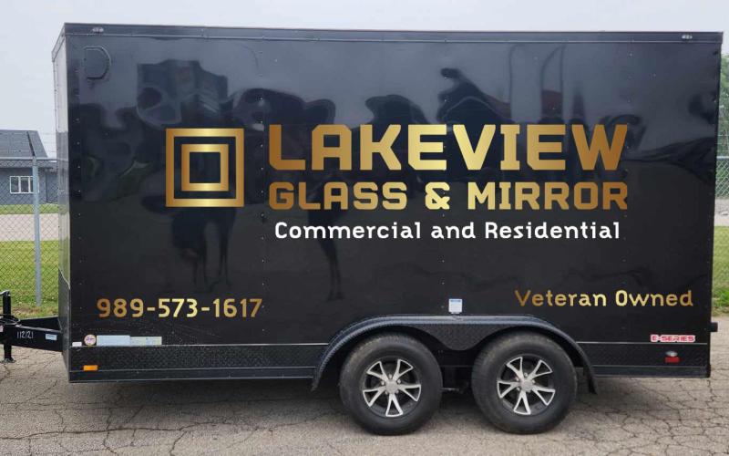 Pictured is the Lakeview Mirror &amp;amp; Glass enclosed trailer.