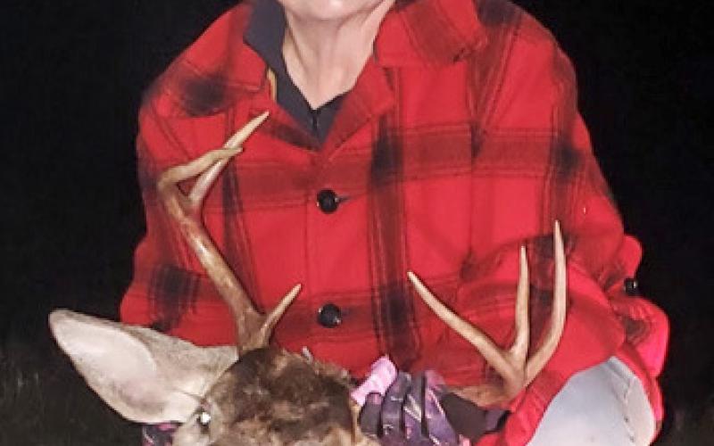 Cindy Jones harvested her first archery buck, a 7-point, and her biggest ever, on November 1 at The Jones Ranch. A perfect broadside 45-yard double lung shot. It didn’t go very far. She was accompanied by her husband, Chuck Jones, who was able to grunt him into range.