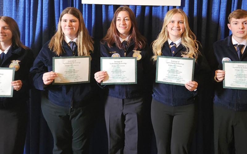 Presented with Silver Awards for Academic Excellence, pictured from left to right: Siara Gilmore (Clare High School), Grace Hoag (Beaverton High School), Lillie Graham (Farwell High School), Madison Jones (Clare High School), and Preston Brushaber (Gladwin High School).