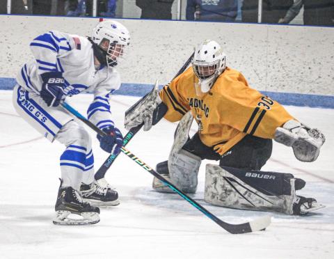 Gladwin’s Braeden Guzman slips a back-hander into the net during Saturday’s 6-3 victory over Cadillac.