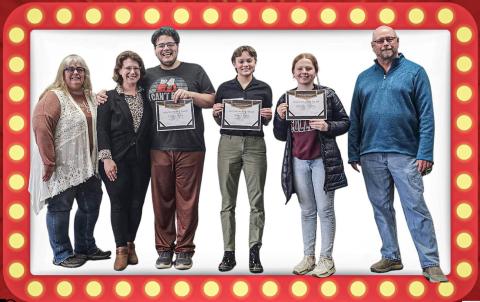 Pictured left to right: Yvette Keast, The Addams Family Musical director; Lorraine Carman, GAFT vice-president; Landon Farley, Cal Bragg, Shannon Graham, and GAFT president, Al Hawley.