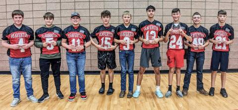 Six year Award Winners, dedicating all years 3rd-8th with BYFL. Pictured left to right are: Cameron Oard, Tristan Olson, Ace Carter, Ty Wicke, Dalton Dull, Aidan Elkholy, Jace Mishler, Easton Hess, and Reese Roggentine.