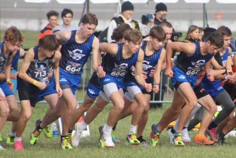 Pictured are Gladwin Boys’ cross country leaving the starting line at the Division 2 state meet at Michigan International Speedway.